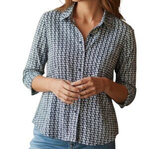 TALBOTS Navy Light Blue White Chain Pattern 3/4 Sleeves Button Down Top - Sz Med